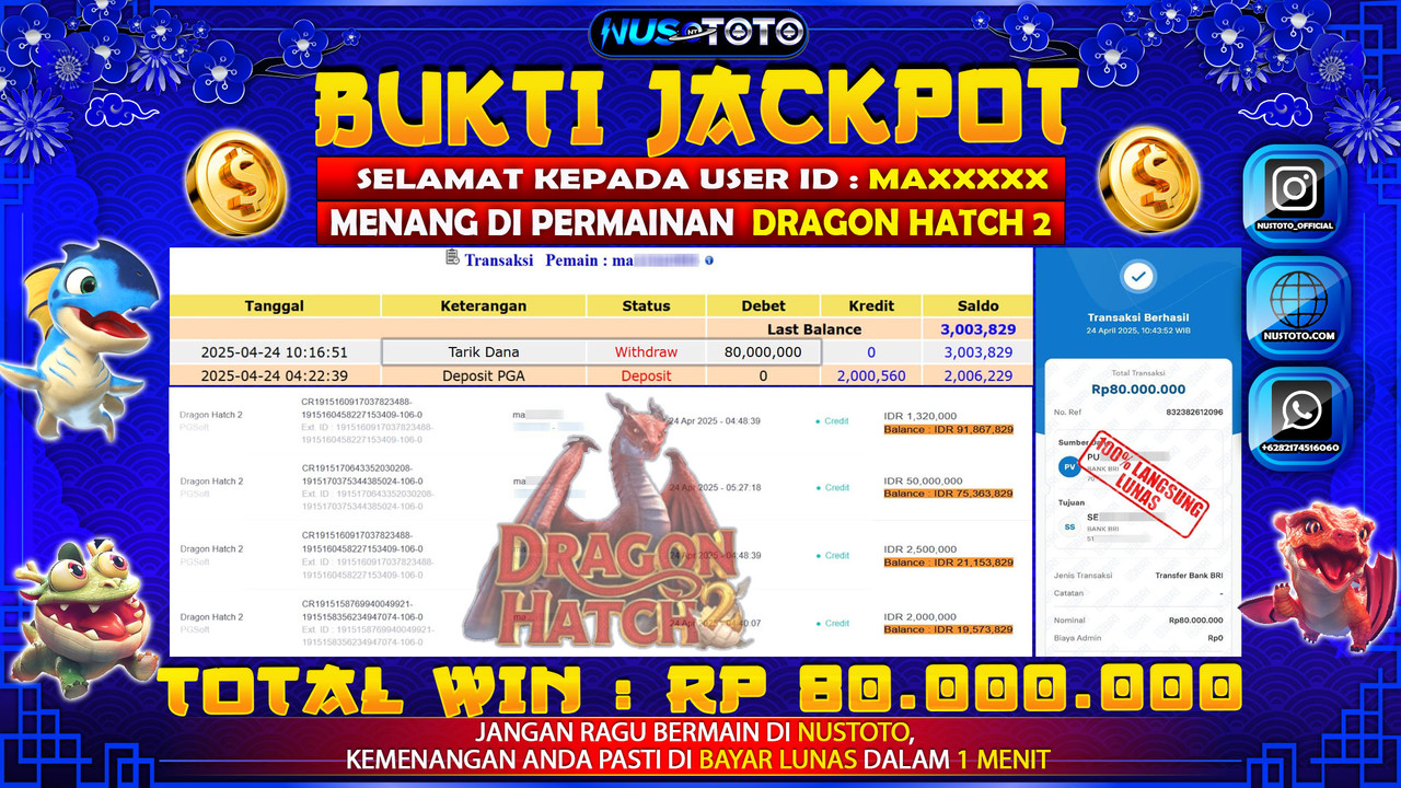 JACKPOT !! MENANG BESAR DI DRAGON HATCH 2 Rp. 80.000.000 LANGSUNG DI BAYAR LUNAS NUSTOTO !!