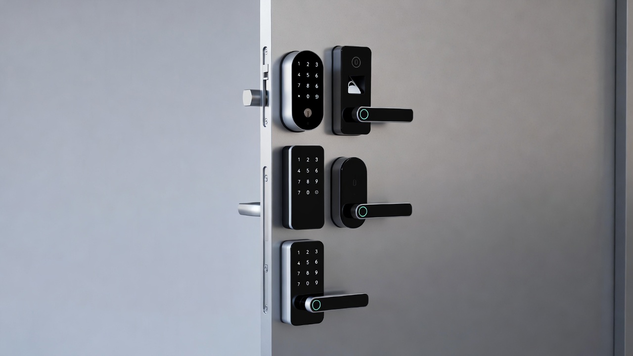 Five different smart locks mounted on a modern front door for comparison