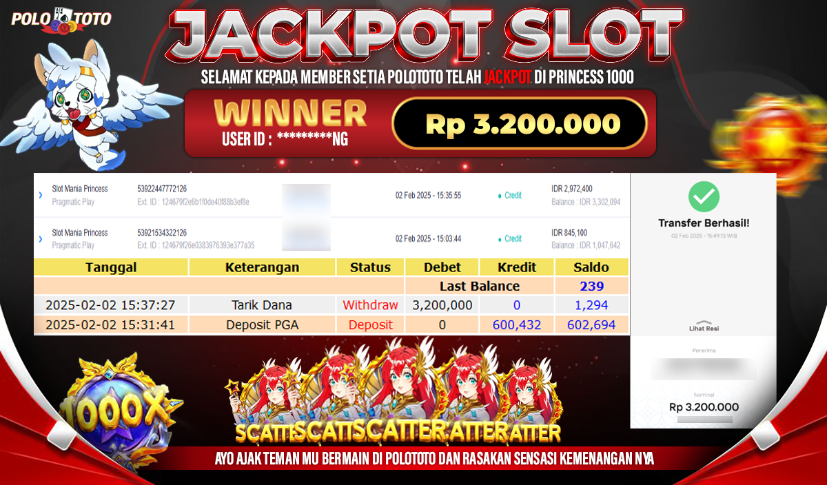 POLOTOTO JACKPOT SLOT STARLIGHT PRINCESS 1000 Rp.3,200.000,-