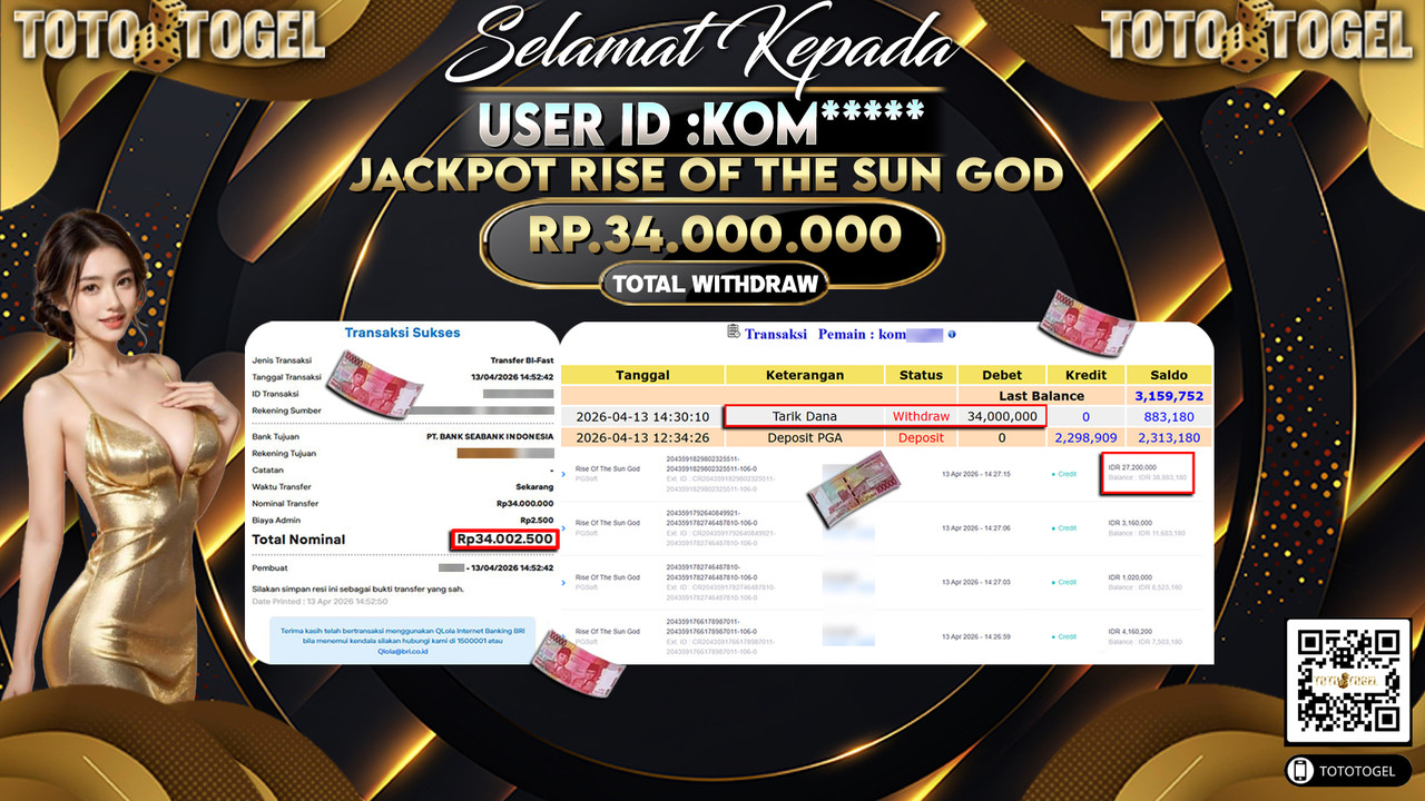 Bukti Pembayaran Jackpot Permainan Slot Rise Of The Sun God ID:KOM*****LUNAS