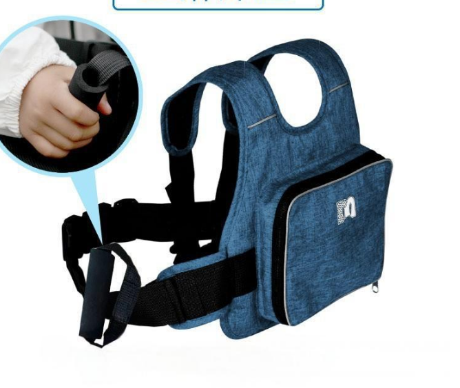 Child Motorcycle Safety Harness Strap Adjustable Passenger Belt with Handles & Storage Pocket Breathable Linen Blue for Scooter