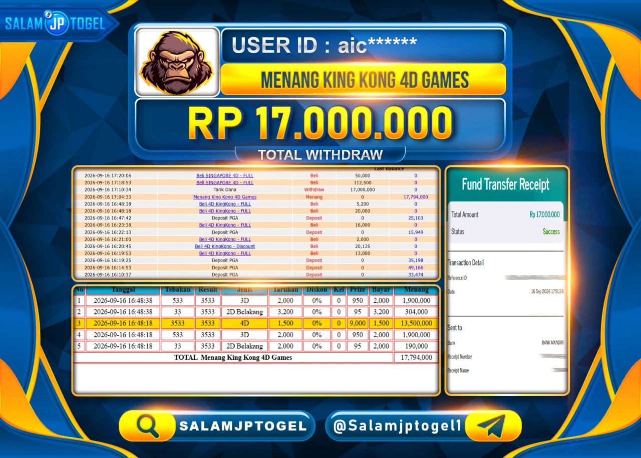 SALAMJPTOGEL JACKPOT MENANG TOGEL KING KONG 4D Rp.17,000,000 - LUNAS