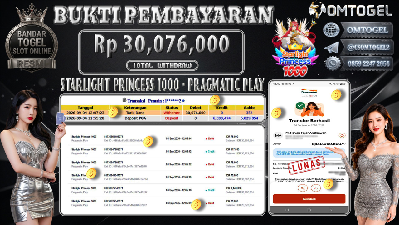 OMTOGEL JACKPOT PRAGMATIC PLAY STARLIGHT PRINCESS 1000 Rp.30,076,000,- DIBAYAR LUNAS 
