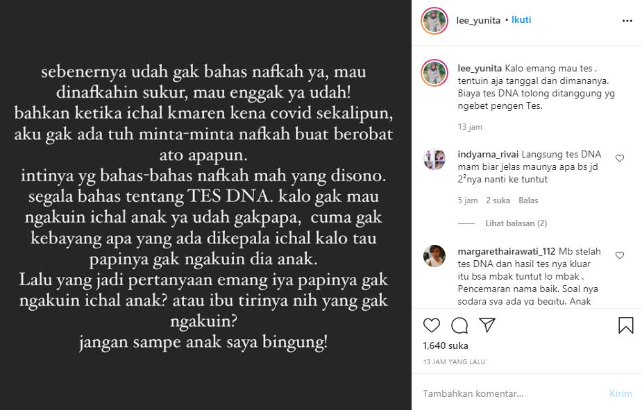 Yunita Lestari singgung soal nafkah dan tes DNA