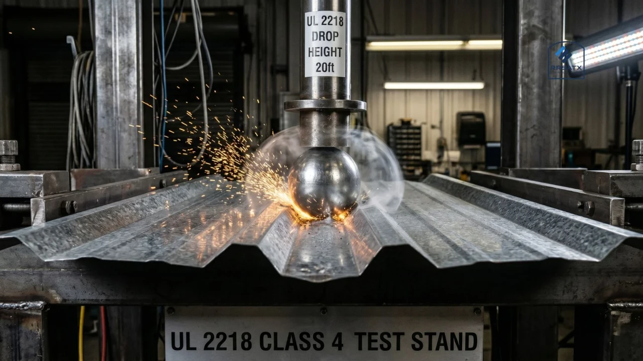 UL 2218 Class 4 impact resistance testing on a metal roof panel