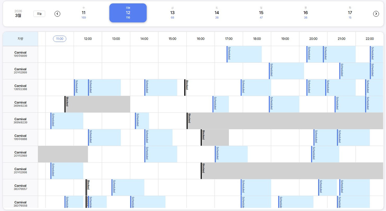 T-RiseUp PMS schedule management — minute-level dispatch visualization