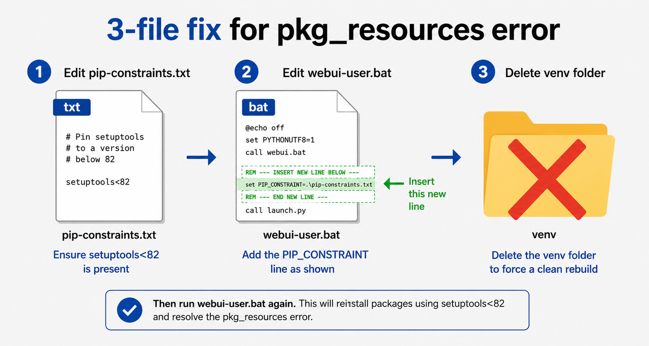 Step-by-step diagram showing pip-constraints.txt, webui-user.bat edit, and venv folder deletion to fix Stable Diffusion A1111 missing pkg_resources