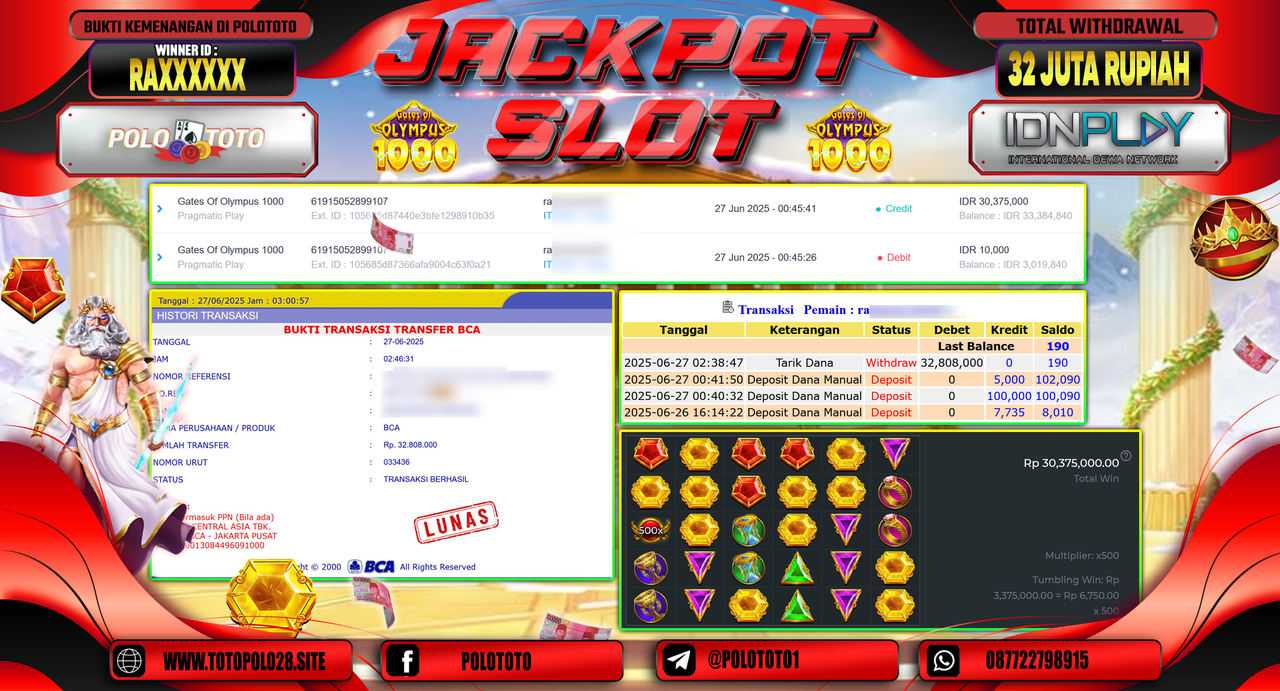 POLOTOTO JACKPOT SLOT GATES OF OLYMPUS 1000 Rp.32.808.000,-