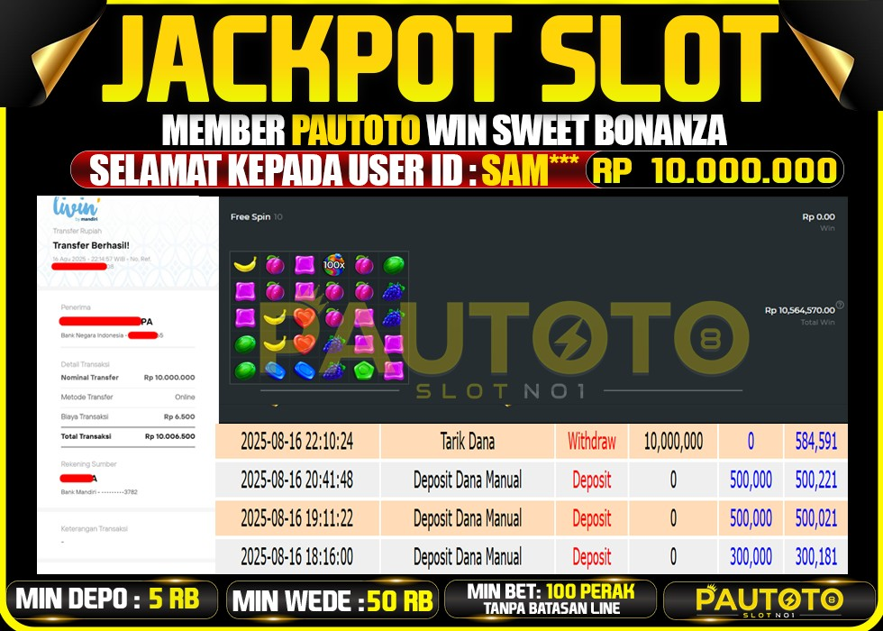 BUKTI PEMBAYARAN TGL 16 AGUSTUS 2025 MENANG DI PERMAINAN SWEET BONANZA TOTAL WD 10 JUTA