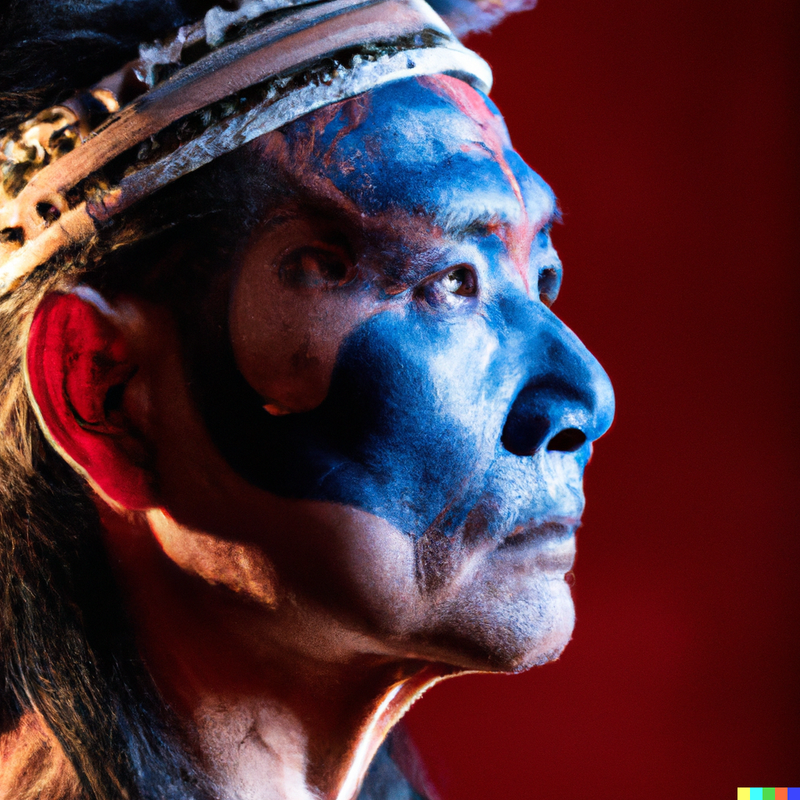 DALL·E 2022-11-04 10.39.13 - portrait photo of a asia old warrior chief, tribal panther make up, blu