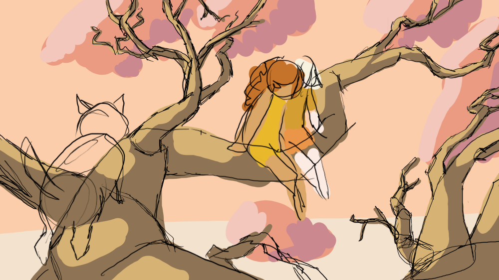 Pink color palette thumbnail of two characters in a tree