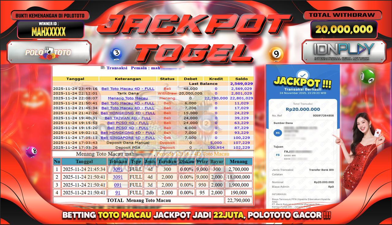 POLOTOTO JACKPOT TOGEL MENANG TOTO MACAU Rp.20.000.000,- LUNAS