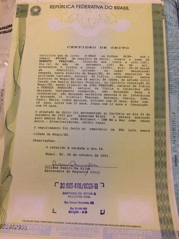 Certidão de Óbito Simples Ernesto