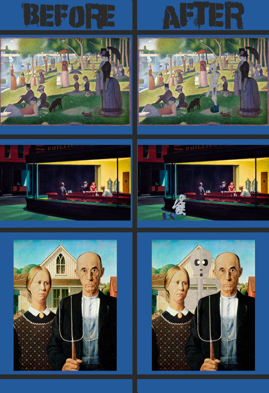 Before and after of 3 famous painting with a skeleton smoking a cigar expertly photoshopped on them