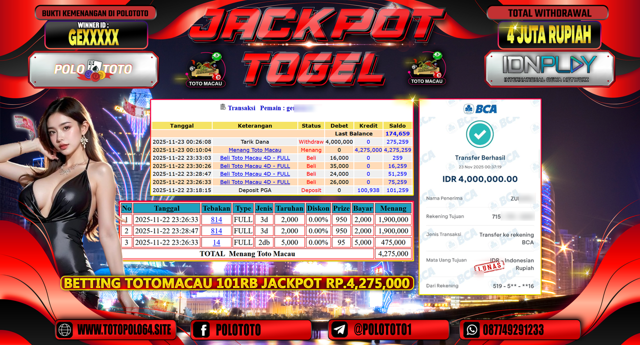 POLOTOTO JACKPOT TOGEL MENANG TOTO MACAU Rp.4.000.000,- LUNAS