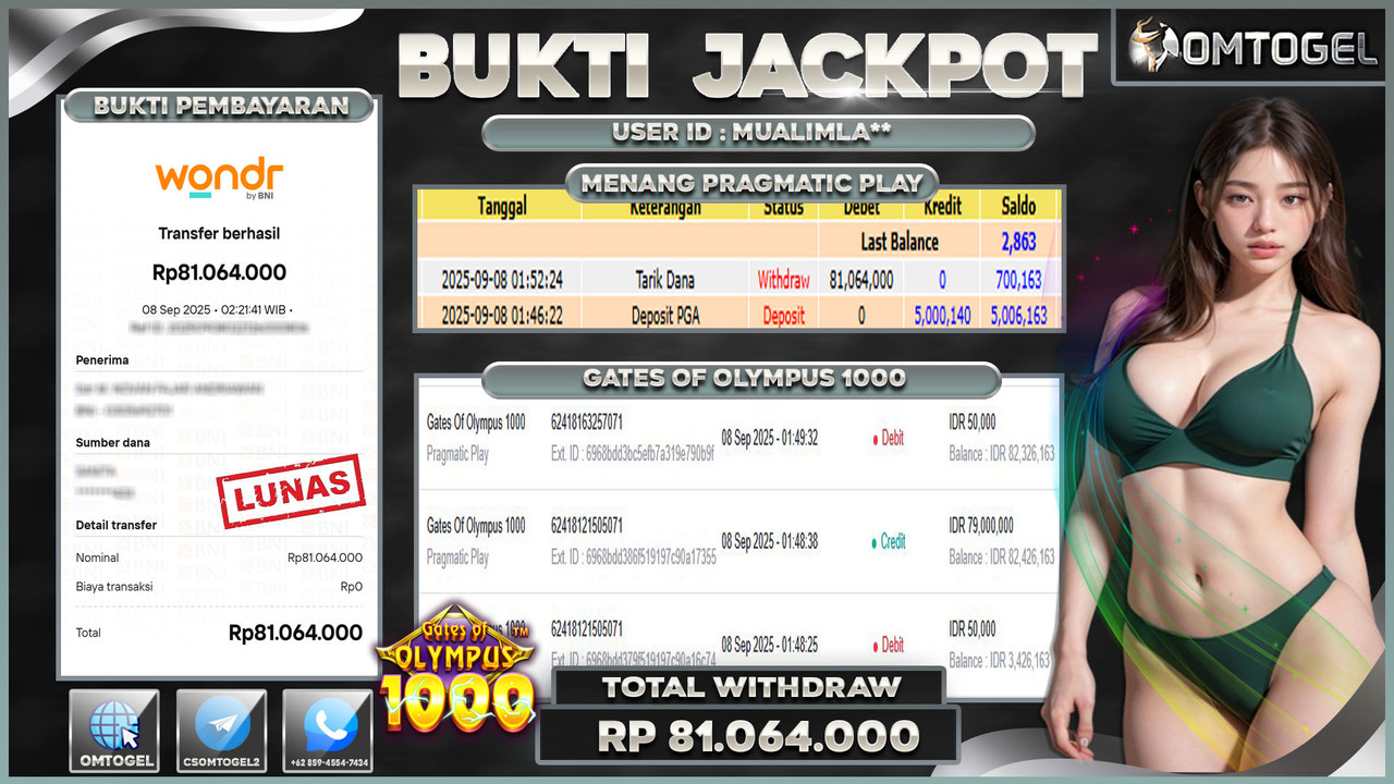 OMTOGEL JACKPOT PRAGMATIC PLAY GATES OF OLYMPUS 1000 81 JUTA DI BAYAR LUNAS ,-