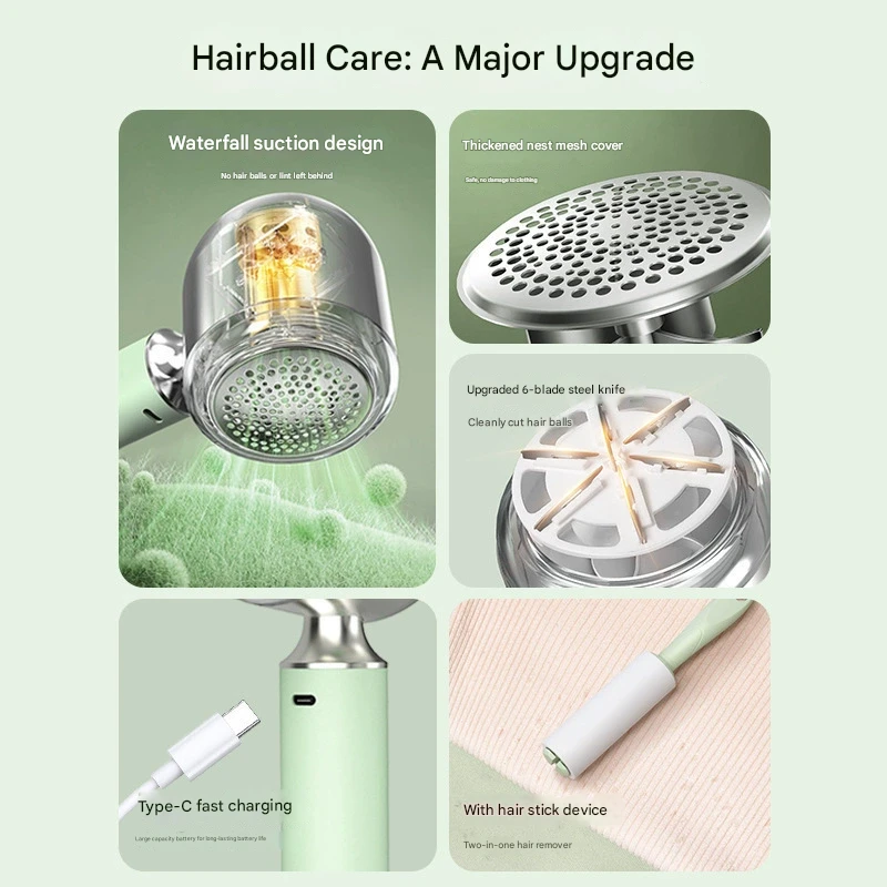 Upgraded Electric Lint Remover with LED Display - 6-Blade, Type-C Fast Charge, 2-in-1 with Sticky Roller(green)