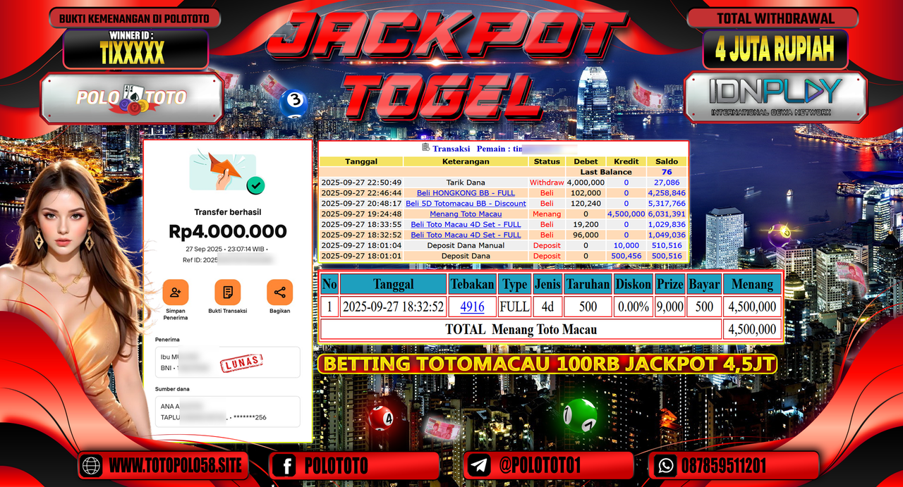 POLOTOTO JACKPOT TOGEL TOTO MACAU Rp.4.000.000,- LUNAS