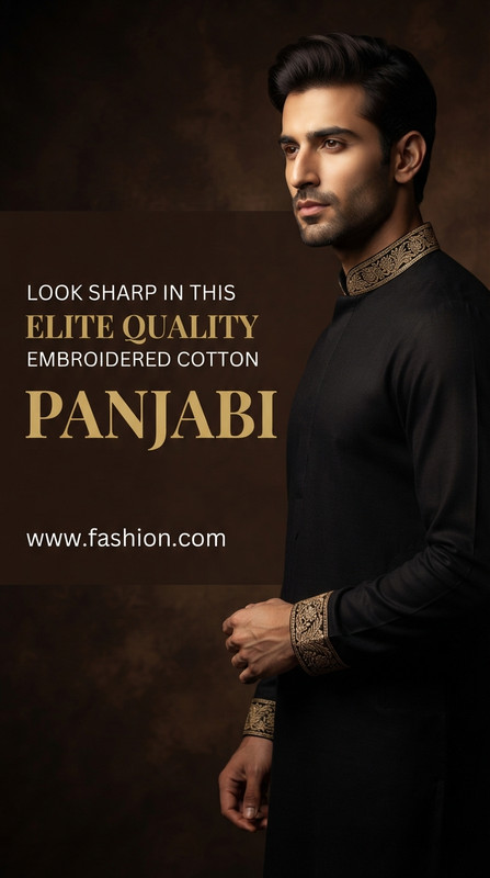 AI-generated example result for the marketing prompt: Elite Quality Embroidered Cotton Panjabi Ad by Prompt Craft