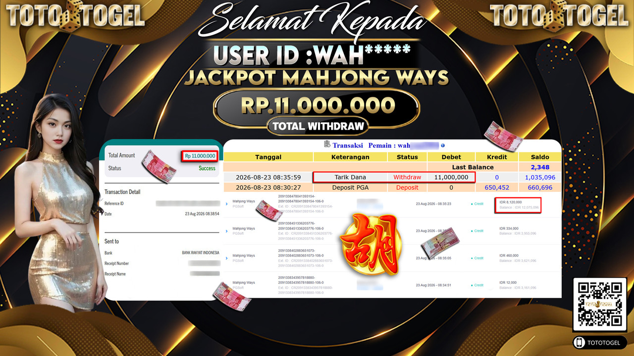 Bukti Pembayaran Jackpot Slot Mahjong Ways ID:WAH*****LUNAS