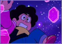 A screenshot from Steven Universe Future depicting Steven flying backwards through the air alongside the shards of his broken shield.