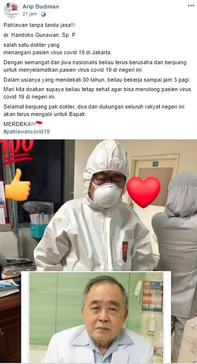 Unggahan di Facebook Arip Budiman tentang dr Handoko Gunawan
