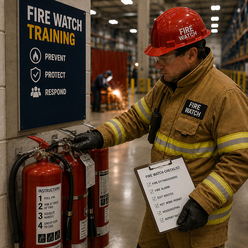 FSG Fire Watch employee conducting extinguisher inspection on an active industrial site