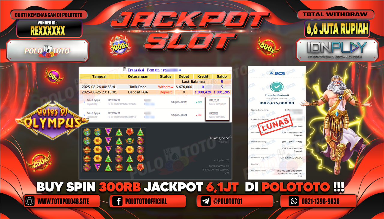 POLOTOTO JACKPOT SLOT GATES OF OLYMPUS Rp.6.676.000,-