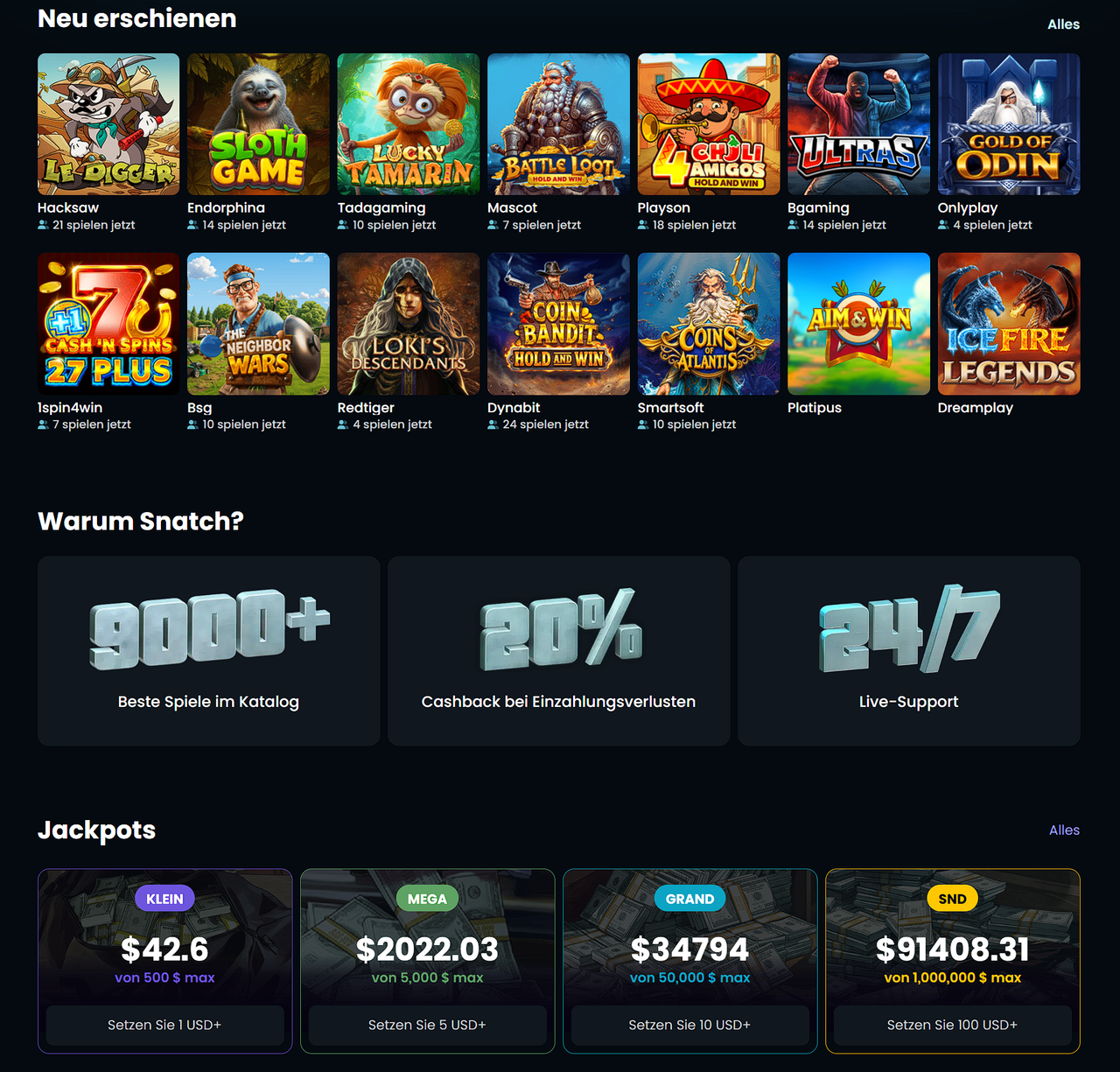 Snatch Casino Web-App mobil: Layout, Filter und Leistung