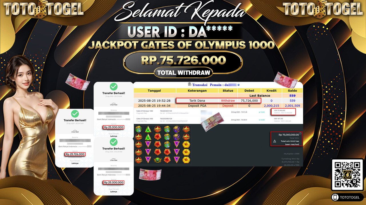Bukti Pembayaran Jackpot Permainan Slot Gates Of Olympus 1000 ID:DA***** LUNAS