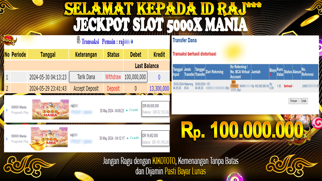 SUPER JECKPOT !! MENANG RATUSAN JUTA DI SLOT X5000 MANIA  SEBESAR Rp 100,000,000 LANGSUNG DI BAYAR KIKOTOTO