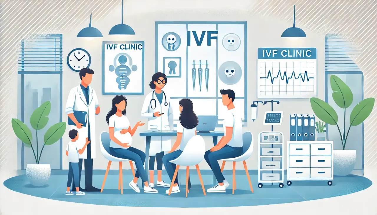 Illustration of an IVF clinic with medical staff and intended parents in consultation, representing the medical support essential to surrogacy.