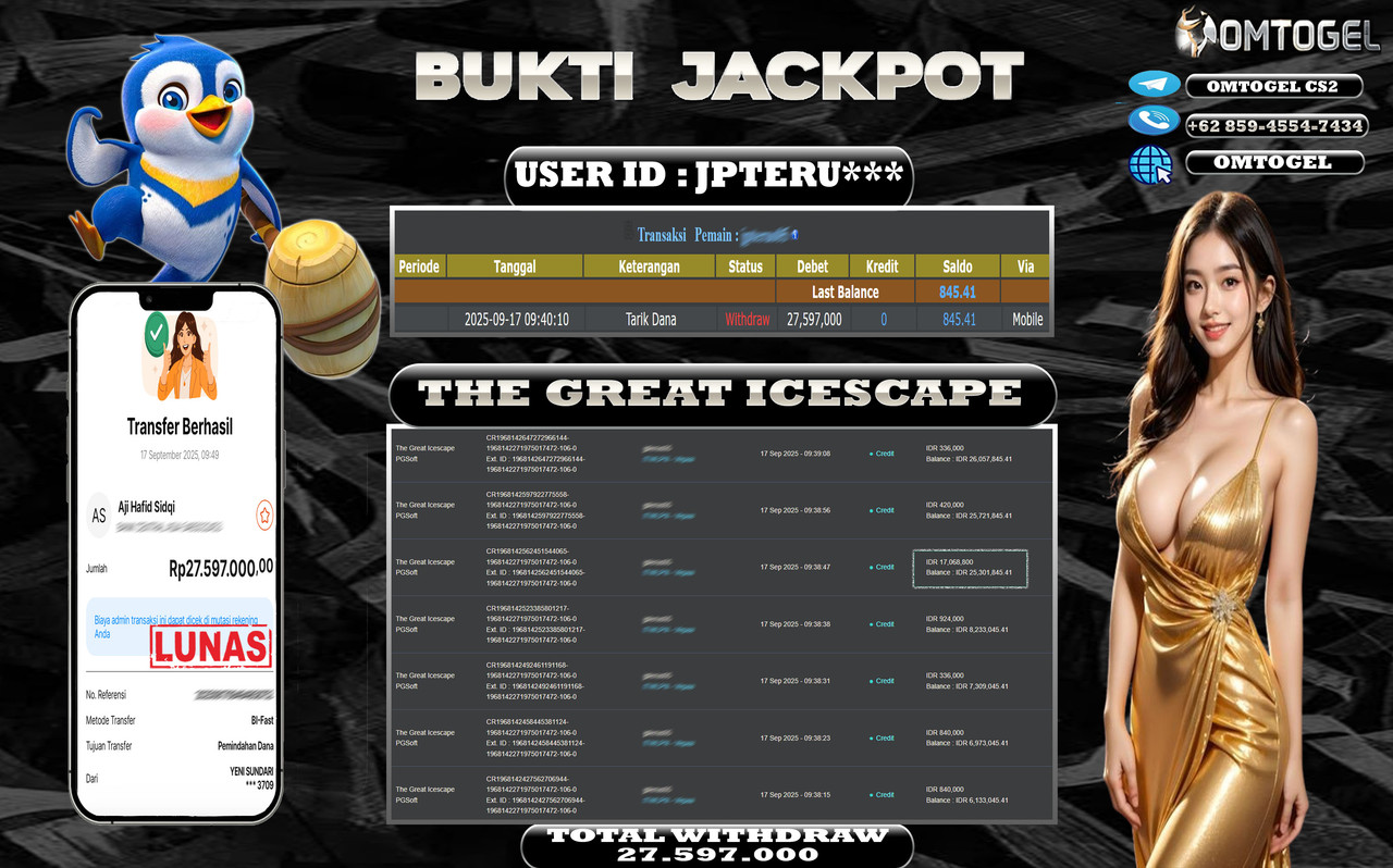 OMTOGEL JACKPOT PGSOFT THE GREAT ICESCAPE 27 JUTA DI BAYAR LUNAS ,-