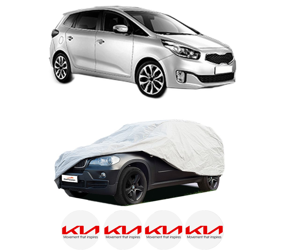 Husa tip prelata auto pentru KIA CARENS IV din 2013-2016, Culoare Gri, material textil impermeabil, rezistanta la intemperii praf UV, CARPASSION Husa Protectie, 4 Stickere auto cu KIA