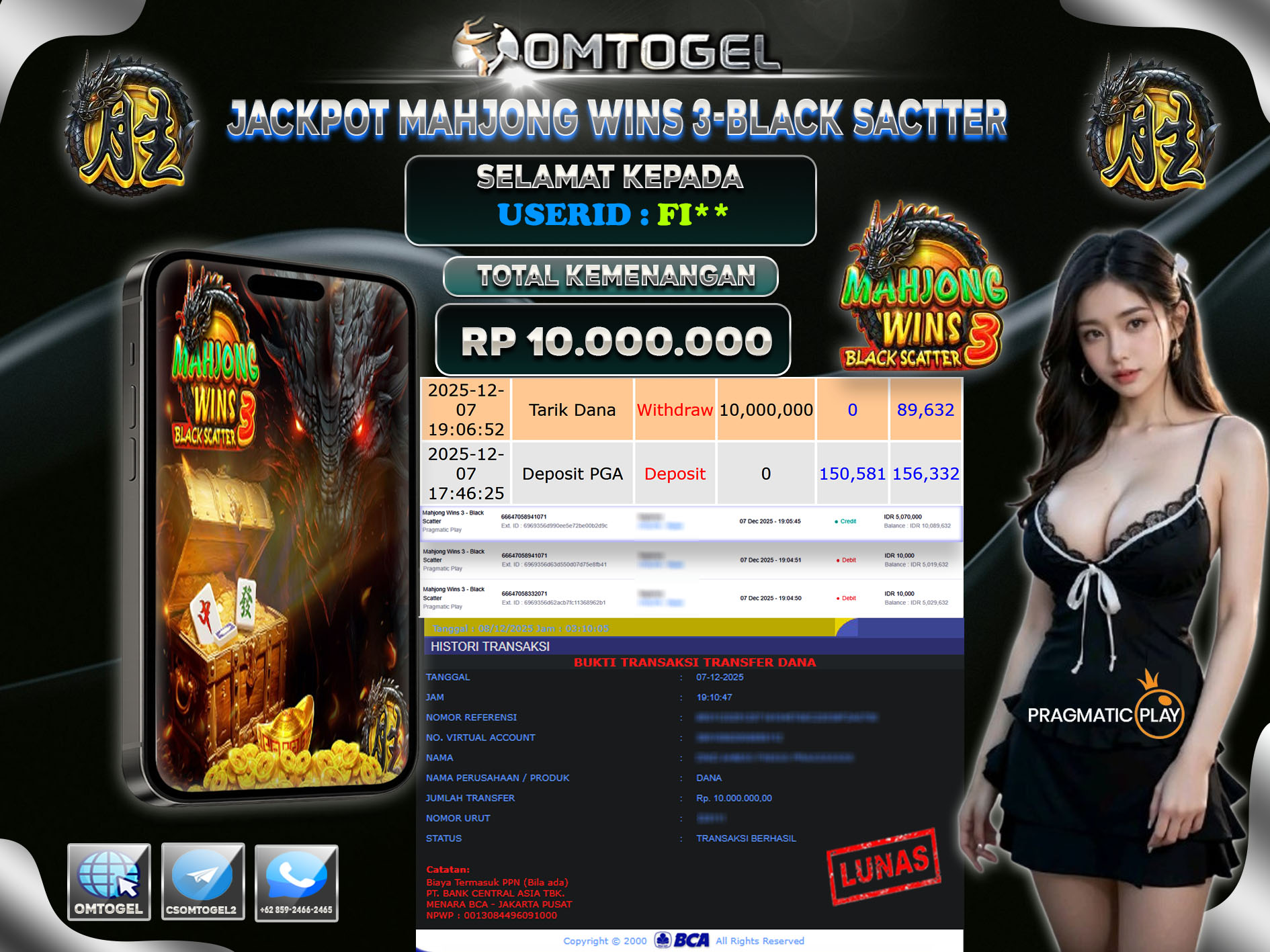 OMTOGEL JACKPOT PRAGMATIC PLAY MAHJONG WINS 3 BLACK SCATTER ,10 JUTA DI BAYAR LUNAS ,-