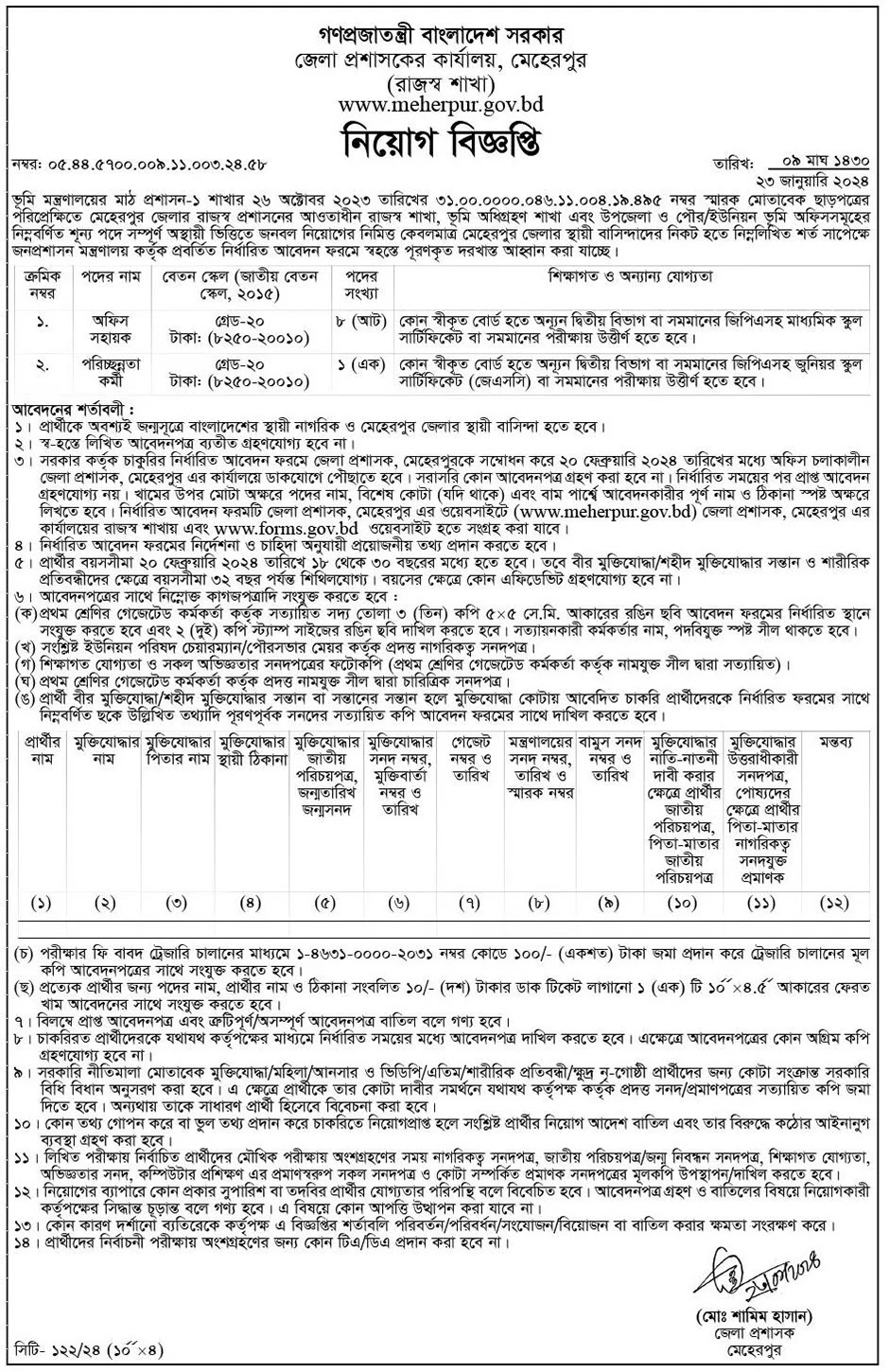 Meherpur DC Office Job Circular 2023