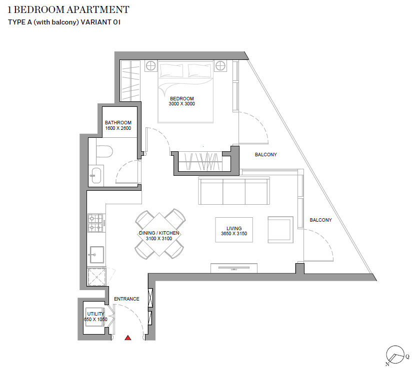 Skyvue Stellar 1-bedroom apartment layout floorplan in Sobha Hartland 2 showing 633 square foot configuration across floors 34 to 38 with community and amenity aspects — Distress Deal
