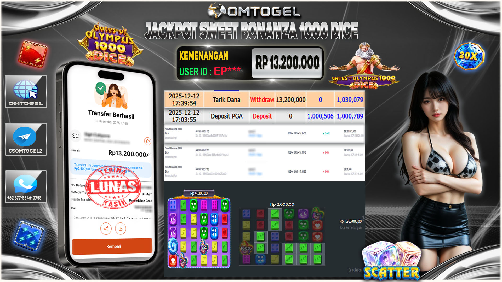 OMTOGEL JACKPOT PRAGMATIC PLAY GATES OF OLYMPUS DICE ,13 JUTA DI BAYAR LUNAS ,-