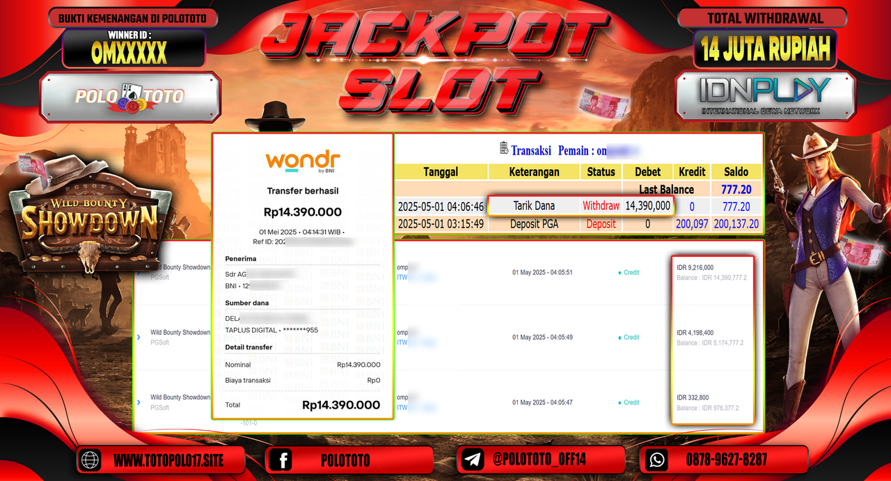 POLOTOTO JACKPOT SLOT WILD BOUNTY SHOWDOWN Rp.14.390.000,-