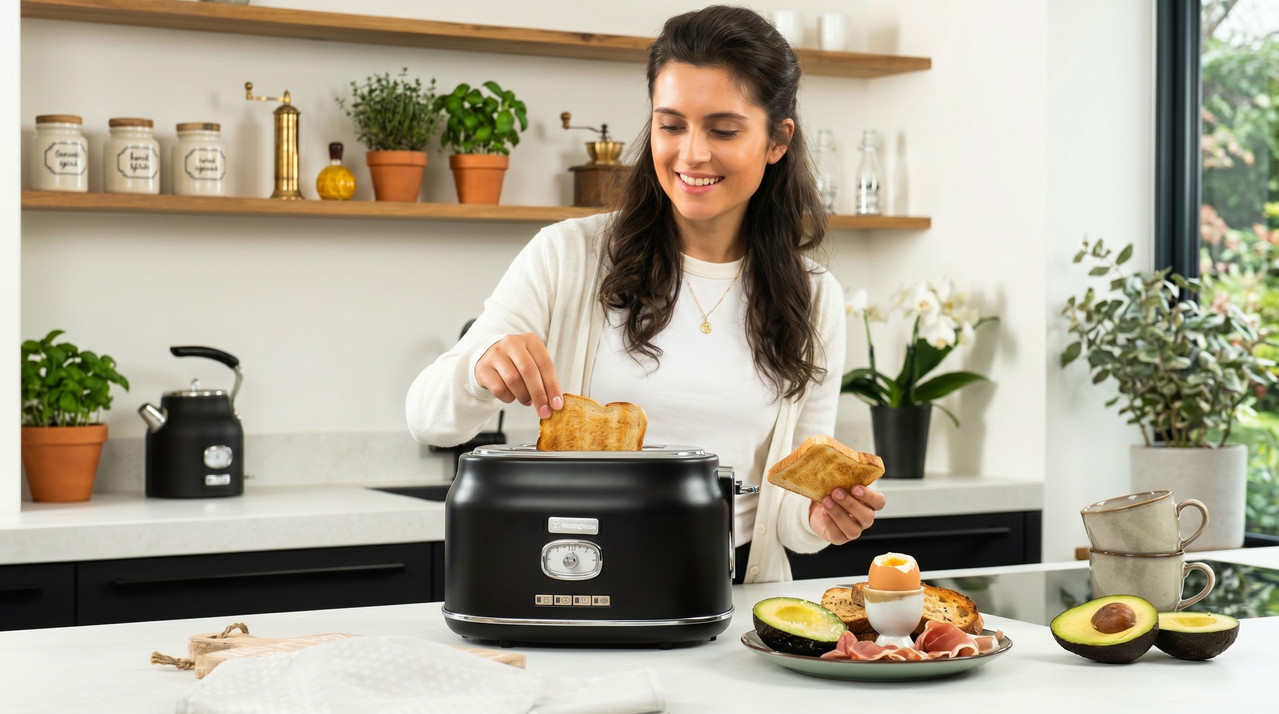 Tostadora moderna negra y acero con controles laterales