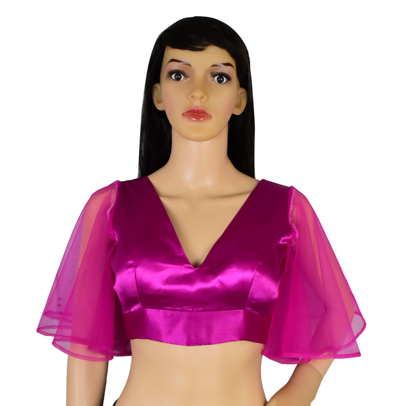 Readymade Satin Saree Blouse Ruffle Sleeve Stitched Choli Ethnic V Neck Crop Top