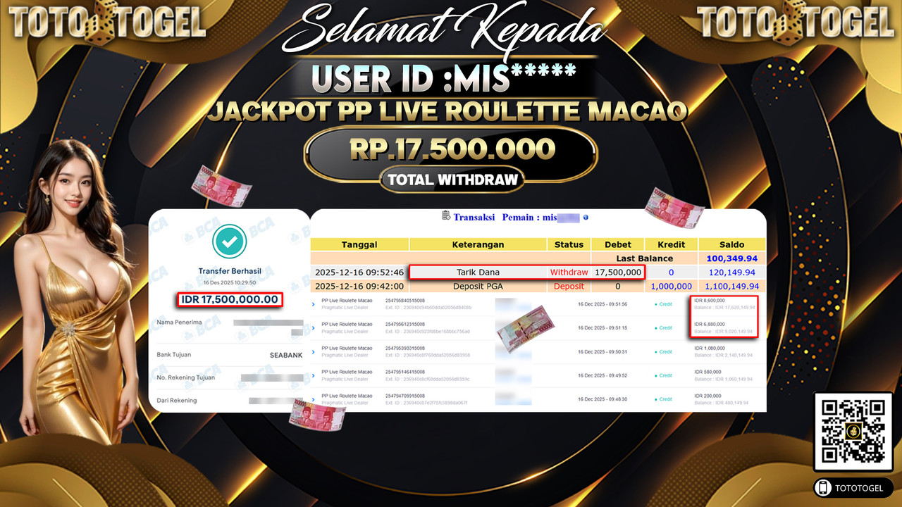 Bukti Pembayaran Jackpot Permainan Pragmatic Live PP Live Roulette Macao ID:MIS***** LUNAS