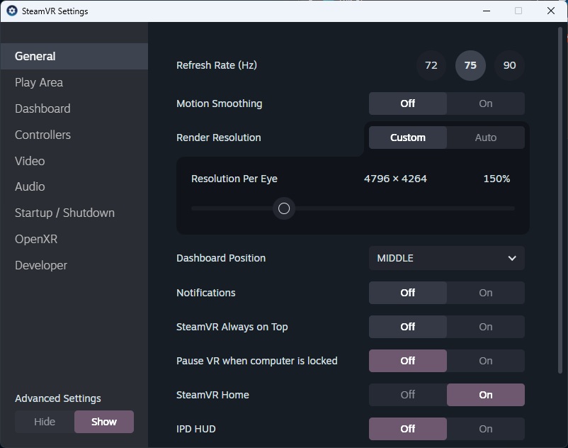 Steam VR Settings