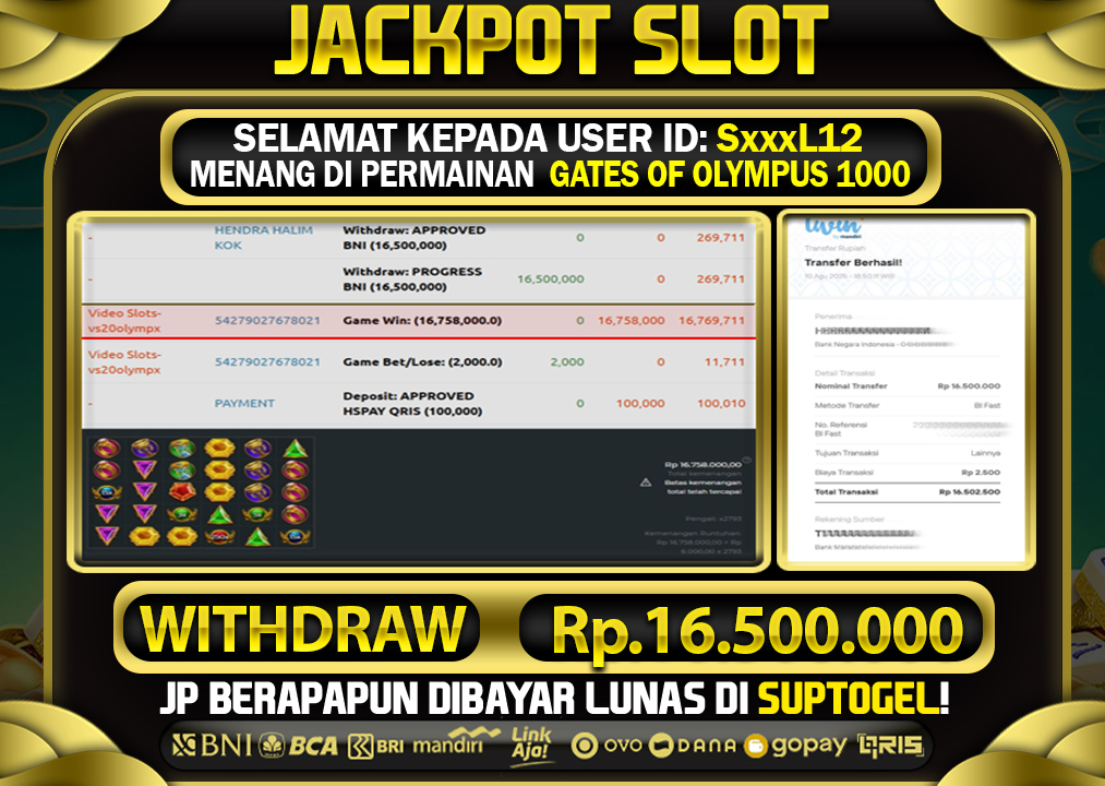  BUKTI KEMENANGAN 10 AGUSTUS 2025 MENANG DI PERMAINAN GATES OF OLYMPUS 1000  TOTAL WD 16,5 JUTA