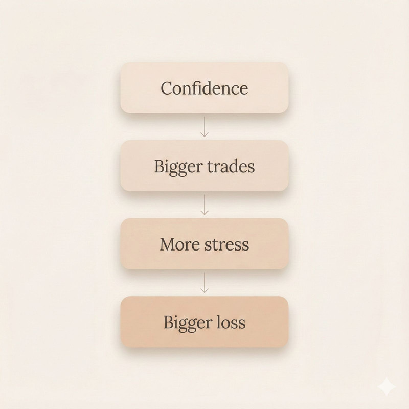 Confidence leads to Bigger trades leads to More stress leads to Bigger loss