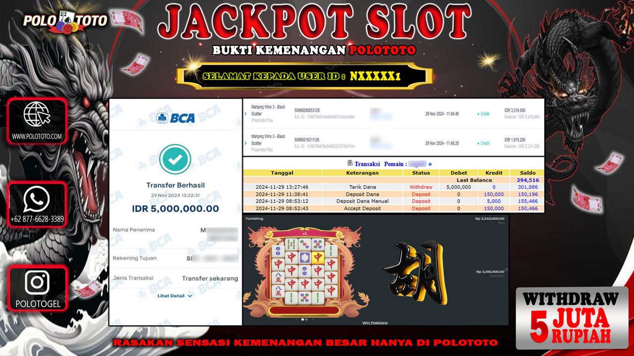 POLOTOTO JACKPOT SLOT MAHJONG WINS 3 - BLACK SCATTER Rp.5,000.000,-