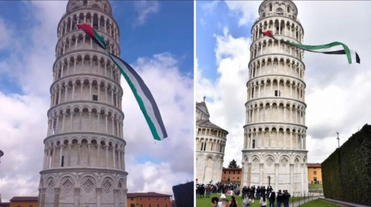 En Torre de Pisa manifestantes cuelgan bandera enorme de Palestina