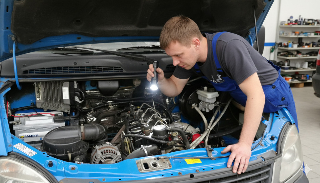 Поиск номера двигателя Cummins ISF на ГАЗели механиком в подкапотном пространстве