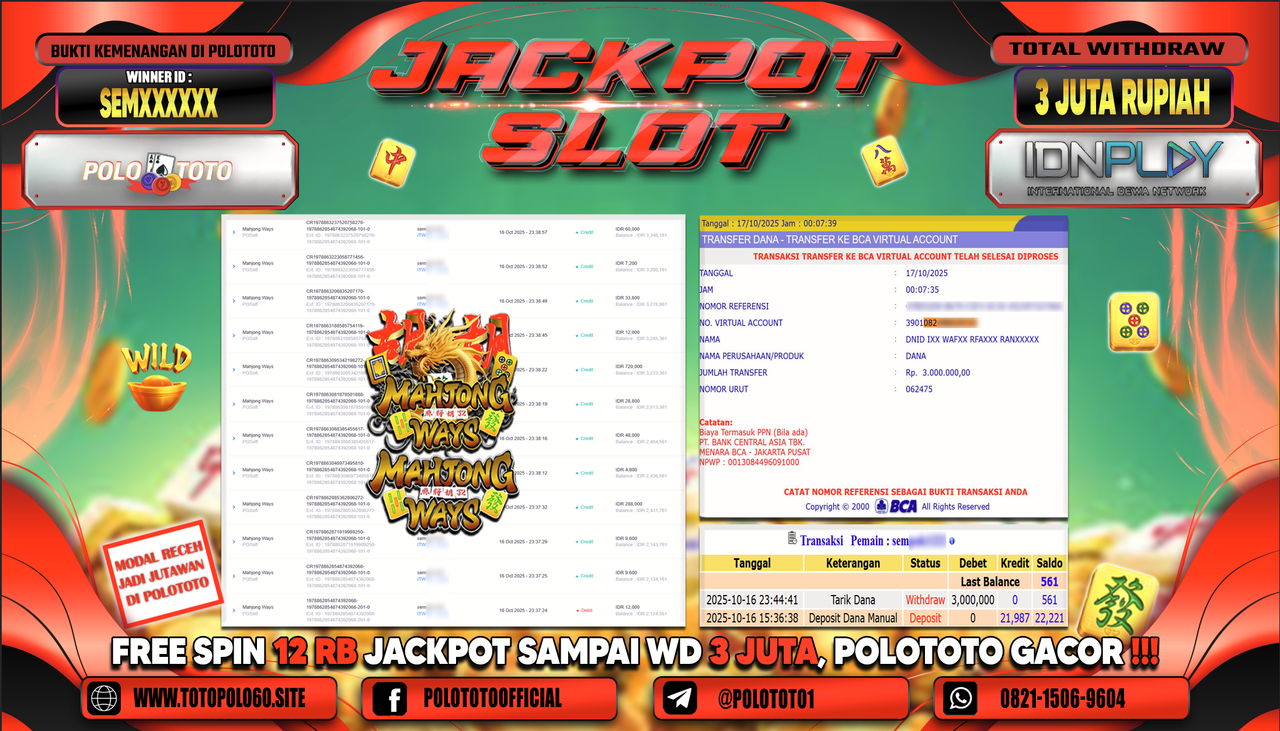 POLOTOTO JACKPOT SLOT MAHJONG WAYS Rp.3.000.000,-