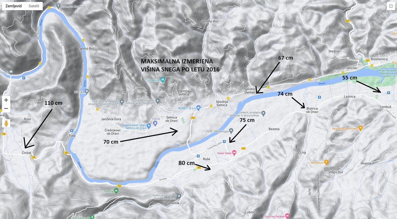 Maksimalna izmerjena višina snega po letu 2016